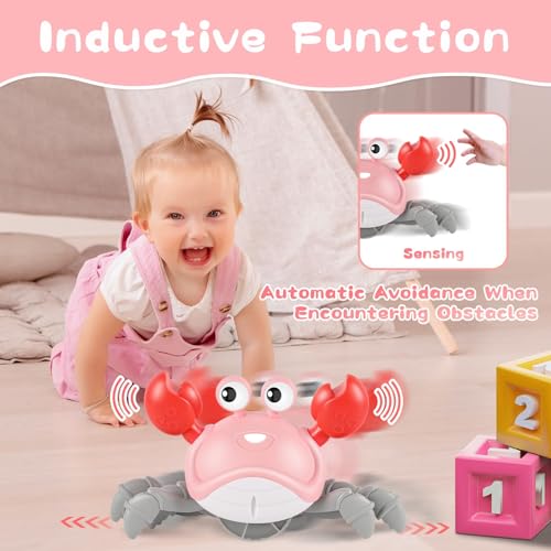 Gigilli Crawling Crab Baby Girl Toy – Tummy Time Toy with Music, Lights & Obstacle Avoidance for 6-18 Month Olds