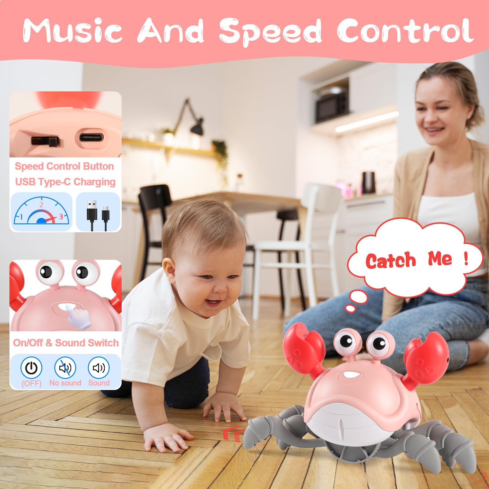 Gigilli Crawling Crab Baby Girl Toy – Tummy Time Toy with Music, Lights & Obstacle Avoidance for 6-18 Month Olds