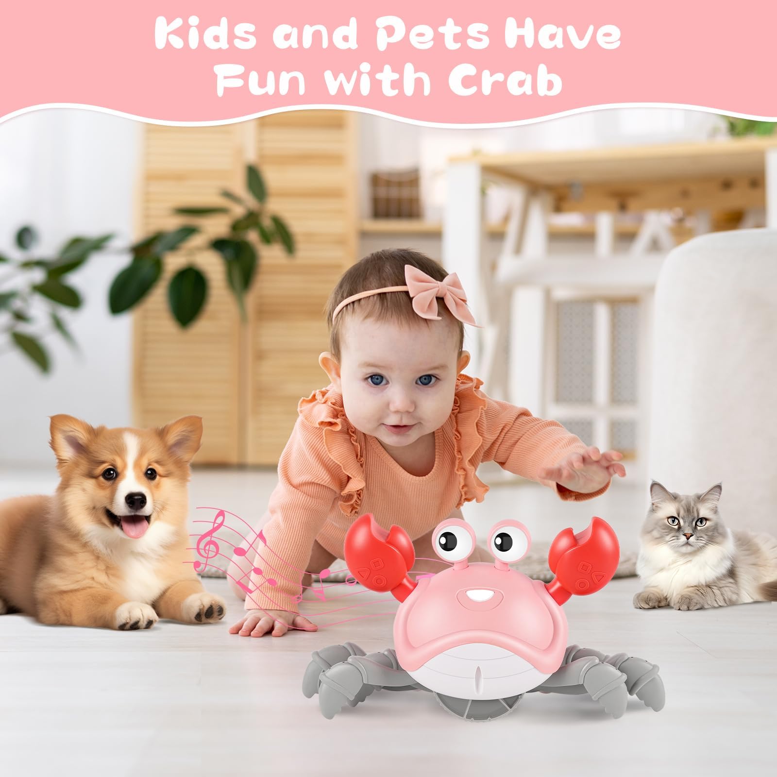 Gigilli Crawling Crab Baby Girl Toy – Tummy Time Toy with Music, Lights & Obstacle Avoidance for 6-18 Month Olds