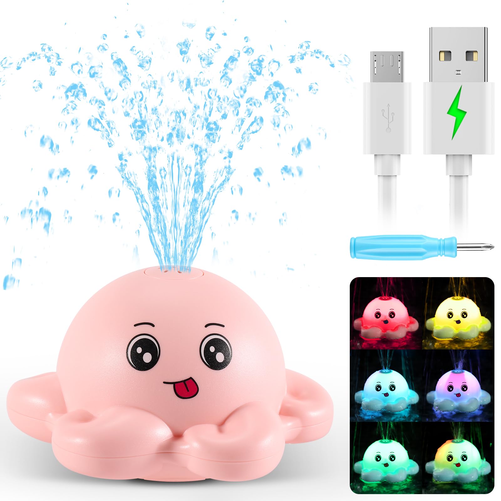 Gigilli Rechargeable Octopus Bath Toy – Light-Up Sprinkler for Toddlers Ages 1-3, 1500mAh Battery, Waterproof Design