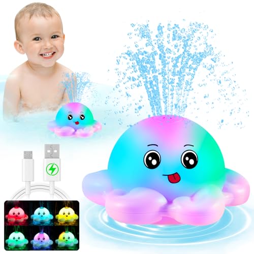 Gigilli Rechargeable Octopus Bath Toy – Light-Up Sprinkler for Toddlers Ages 1-3, 1500mAh Battery, Waterproof Design