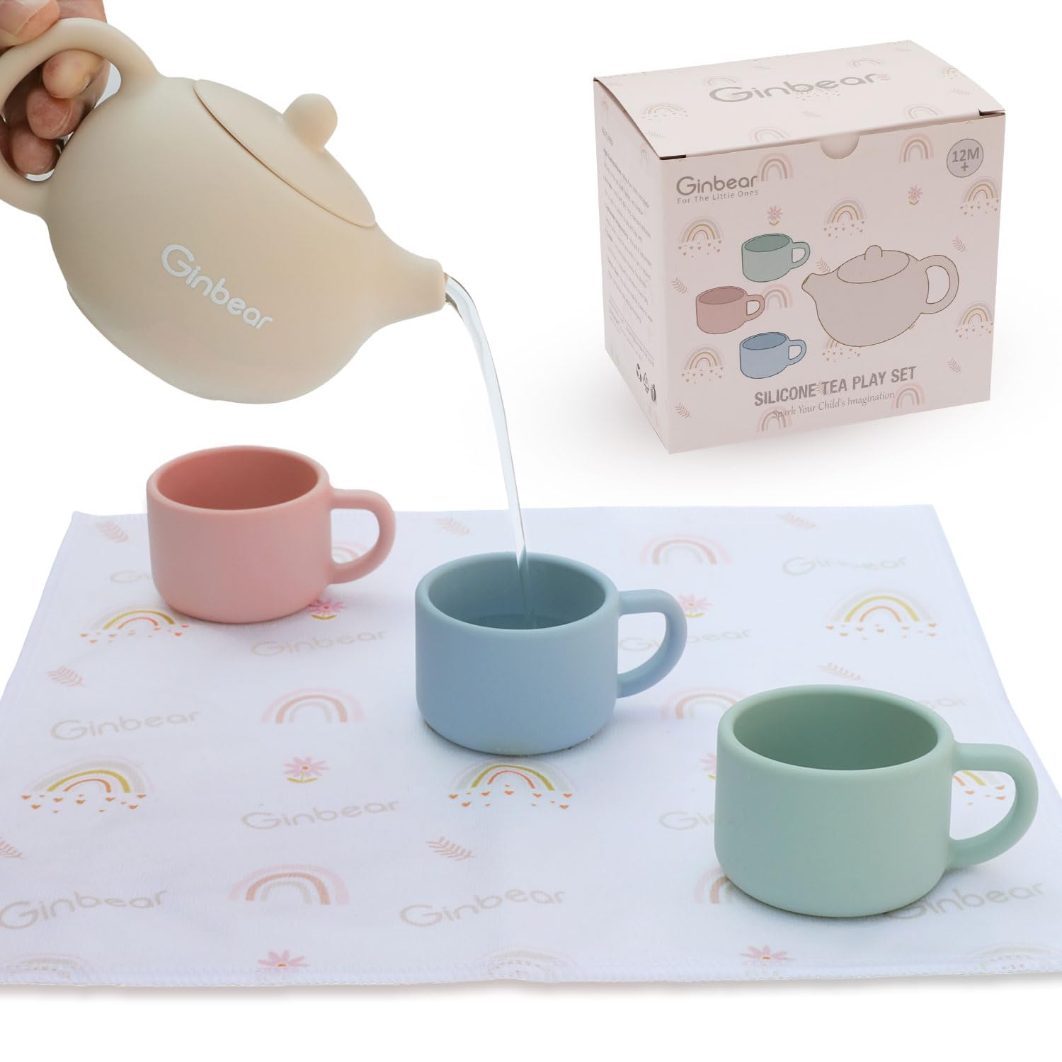 Ginbear Silicone Tea Set for Toddlers 1-3: Unbreakable, BPA-Free Pretend Play with 3 Cups & Cloth Napkin (Beige, Blue, Green, Rosy)