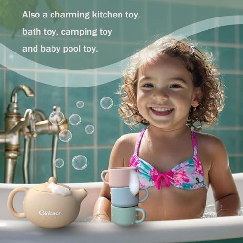 Ginbear Silicone Tea Set for Toddlers 1-3: Unbreakable, BPA-Free Pretend Play with 3 Cups & Cloth Napkin (Beige, Blue, Green, Rosy)