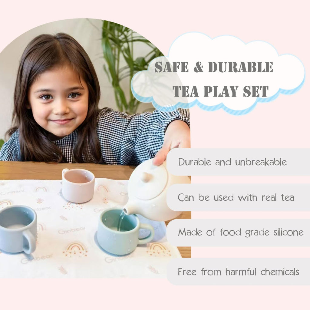Ginbear Silicone Tea Set for Toddlers 1-3: Unbreakable, BPA-Free Pretend Play with 3 Cups & Cloth Napkin (Beige, Blue, Green, Rosy)
