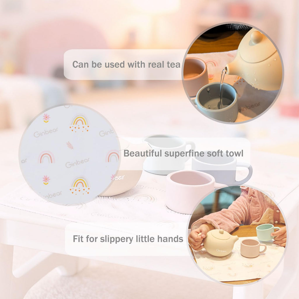 Ginbear Silicone Tea Set for Toddlers 1-3: Unbreakable, BPA-Free Pretend Play with 3 Cups & Cloth Napkin (Beige, Blue, Green, Rosy)