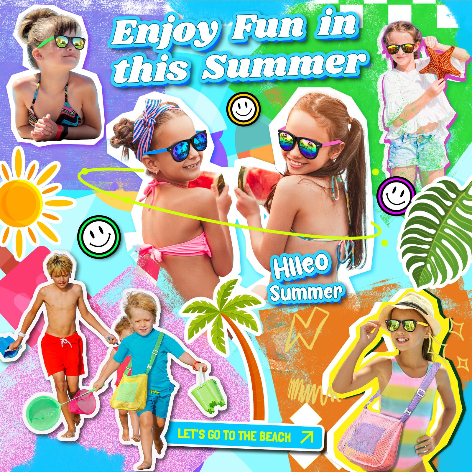 GINMIC 12-Pack Neon Kids Sunglasses with UV400 Protection for Ages 3-8, Party Favors for Birthday, Pool, Beach