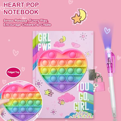 GINMLYDA Pop Fidget Heart Diary with Lock and Invisible Ink Pen - 160 Lined Pages, 7.5x5.4 Inches - Secret Journal for Girls Ages 6-12