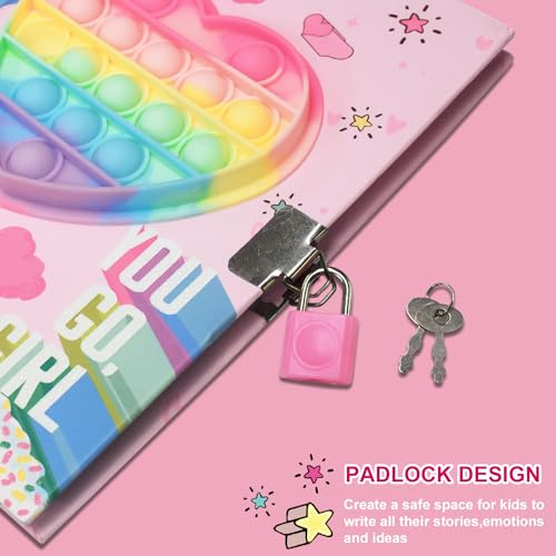 GINMLYDA Pop Fidget Heart Diary with Lock and Invisible Ink Pen - 160 Lined Pages, 7.5x5.4 Inches - Secret Journal for Girls Ages 6-12