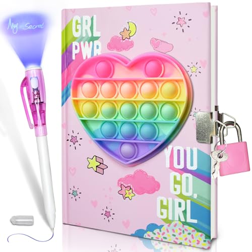 GINMLYDA Pop Fidget Heart Diary with Lock and Invisible Ink Pen - 160 Lined Pages, 7.5x5.4 Inches - Secret Journal for Girls Ages 6-12