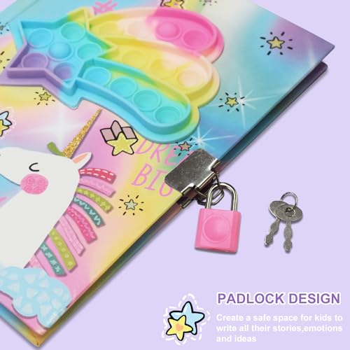 GINMLYDA Pop Fidget Unicorn Diary with Lock and Invisible Ink Pen – 160 Lined Pages, 7.5x5.4 Inches, Secret Journal for Girls Ages 5-10