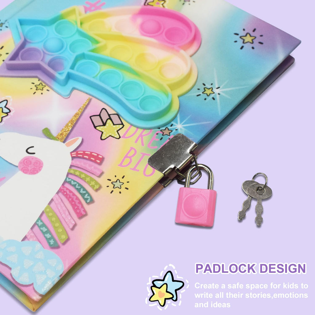 GINMLYDA Pop Fidget Unicorn Diary with Lock and Invisible Ink Pen – 160 Lined Pages, 7.5x5.4 Inches, Secret Journal for Girls Ages 5-10