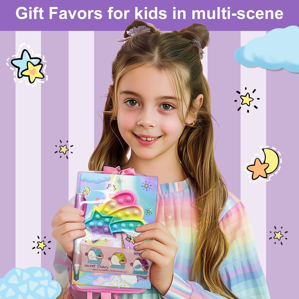 GINMLYDA Pop Fidget Unicorn Diary with Lock and Invisible Ink Pen – 160 Lined Pages, 7.5x5.4 Inches, Secret Journal for Girls Ages 5-10