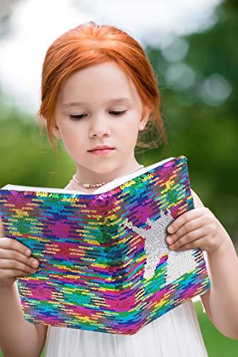GINMLYDA Sequin Girls Journal 8.5x5.5 Inches 160 Lined Pages Reversible Unicorn Diary for Kids (Rainbow-Silver)