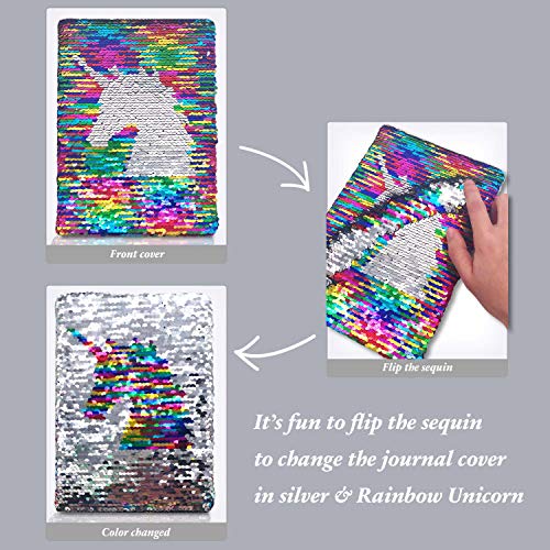 GINMLYDA Sequin Girls Journal 8.5x5.5 Inches 160 Lined Pages Reversible Unicorn Diary for Kids (Rainbow-Silver)