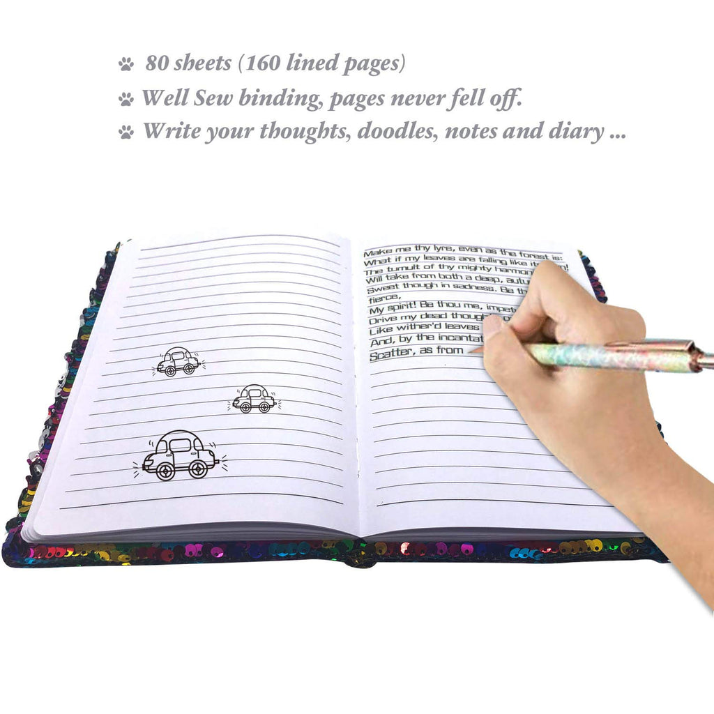GINMLYDA Sequin Girls Journal 8.5x5.5 Inches 160 Lined Pages Reversible Unicorn Diary for Kids (Rainbow-Silver)