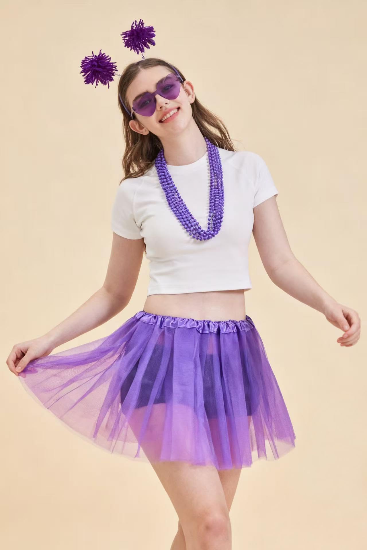 Gionforsy Women's Spirit Day Accessories Set – Tutu Dress, Pom Pom Headband, Sunglasses & 5 Necklaces