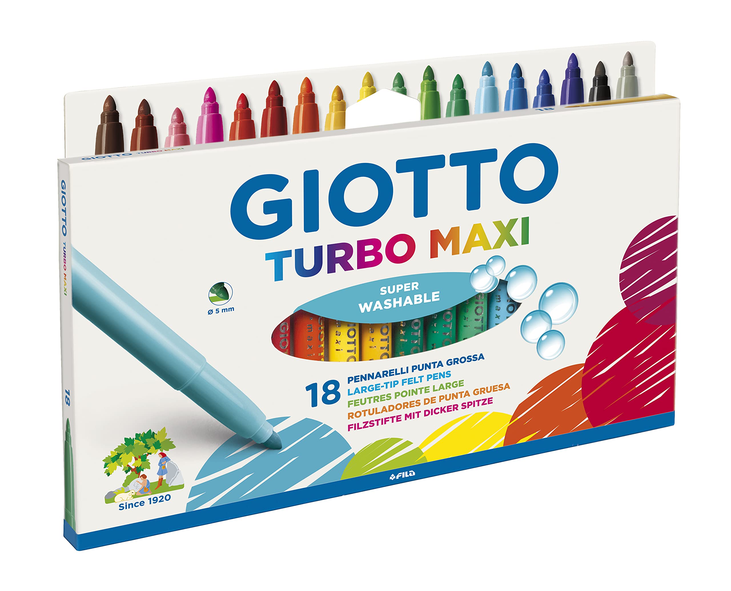 Giotto Turbo Maxi Felt Tip Pens – 18 Super Washable Colours with 5mm Nib for Kids