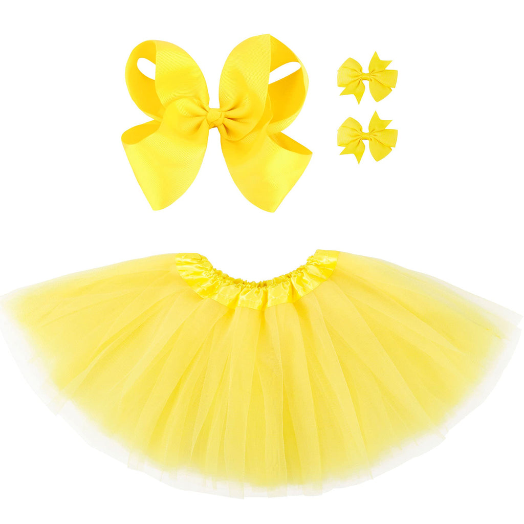 Girls 4-Layer Tulle Tutu Skirt Set with Butterfly Hairbows, Knee-Length, Soft Elastic Waistband