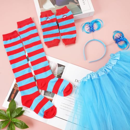 Girls Blue Tutu Skirt Costume Set with Ponytail Headband, Fingerless Gloves, and Knee-High Socks for Halloween