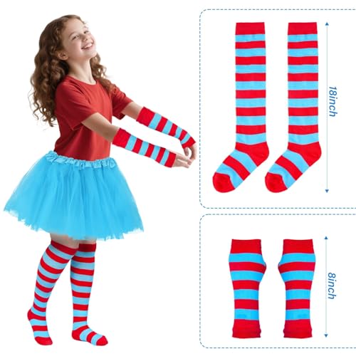 Girls Blue Tutu Skirt Costume Set with Ponytail Headband, Fingerless Gloves, and Knee-High Socks for Halloween
