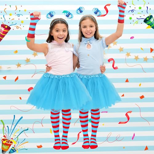 Girls Blue Tutu Skirt Costume Set with Ponytail Headband, Fingerless Gloves, and Knee-High Socks for Halloween