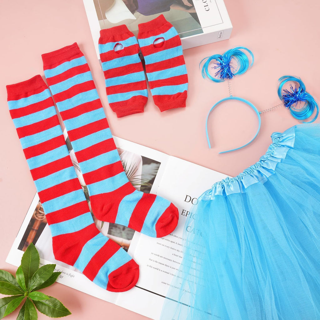 Girls Blue Tutu Skirt Costume Set with Ponytail Headband, Fingerless Gloves, and Knee-High Socks for Halloween