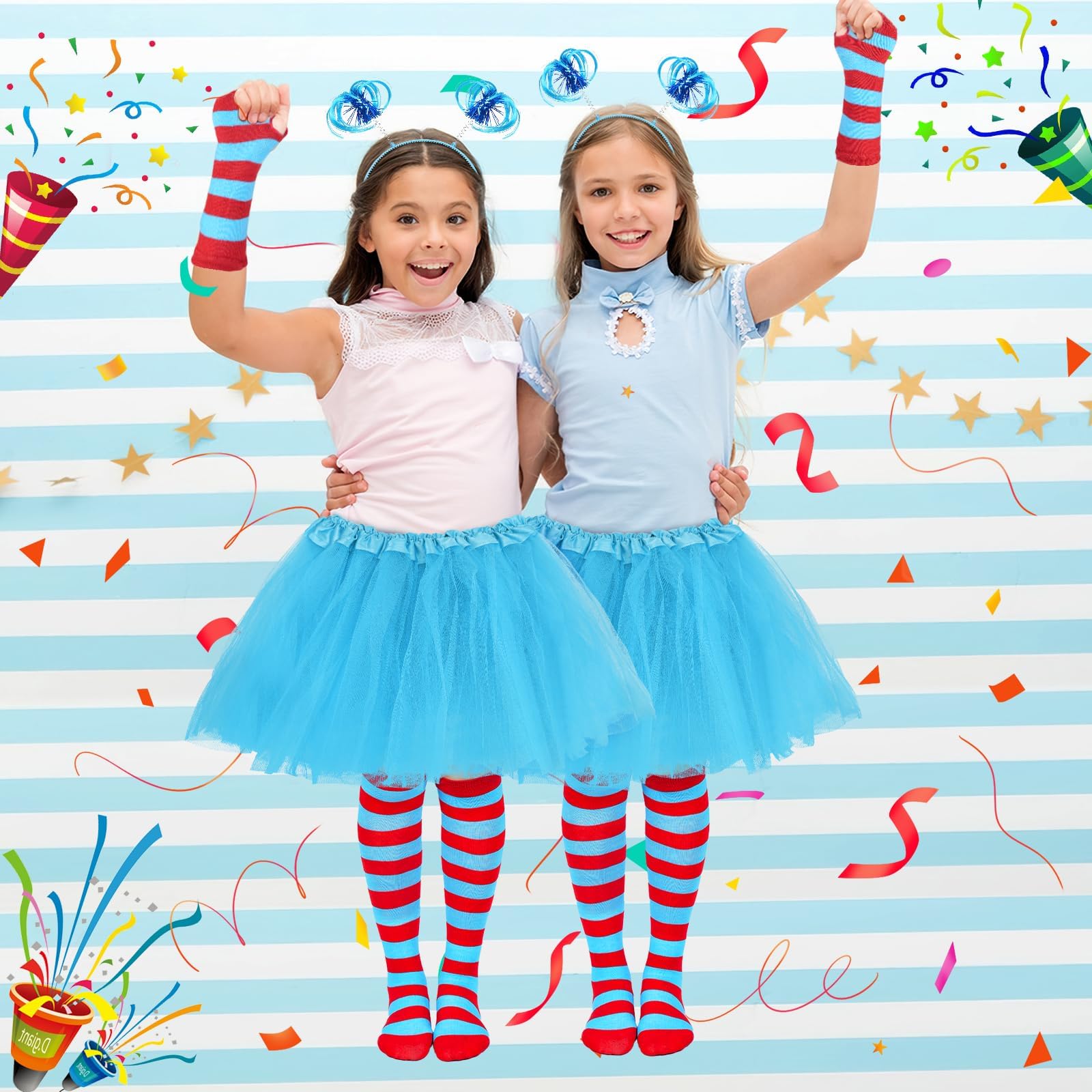 Girls Blue Tutu Skirt Costume Set with Ponytail Headband, Fingerless Gloves, and Knee-High Socks for Halloween