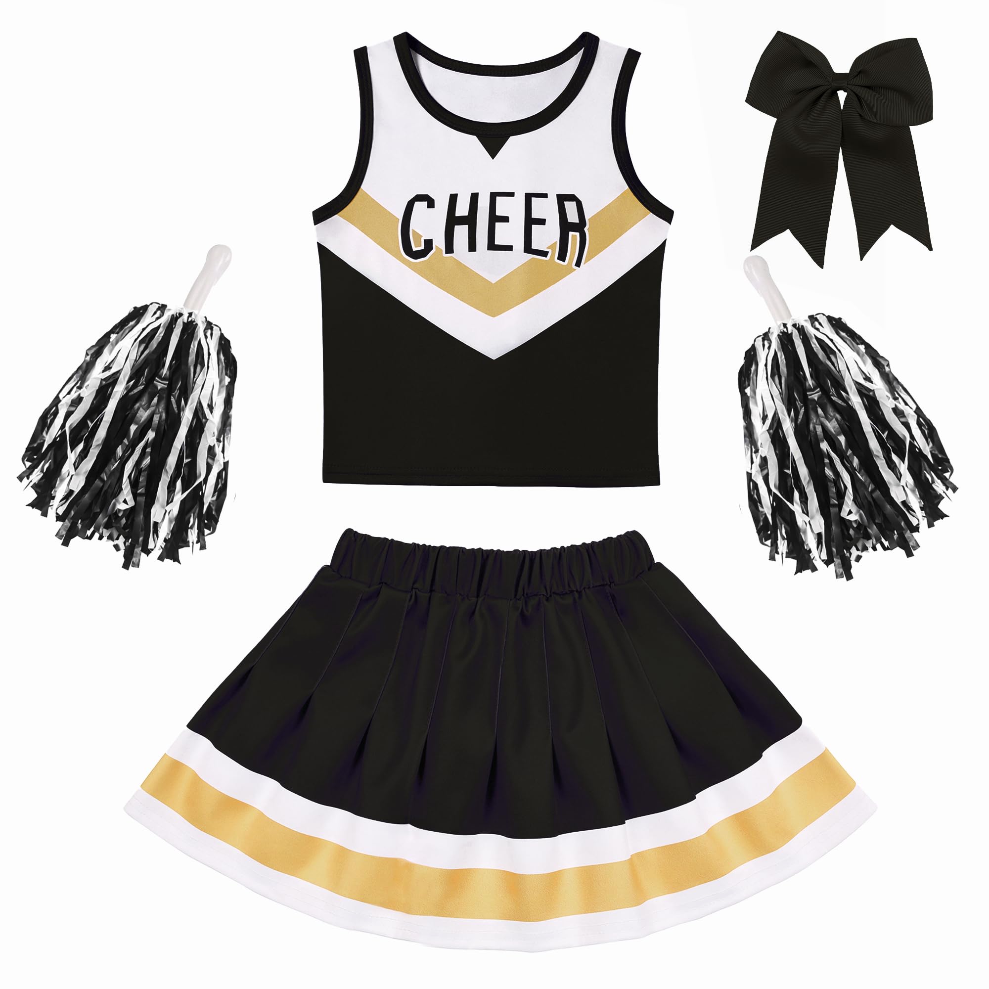 Girls Cheerleader Costume Set – Black & White Outfit with Pom Poms and Hair Bow for Halloween, Dress Up, and Cheerleading