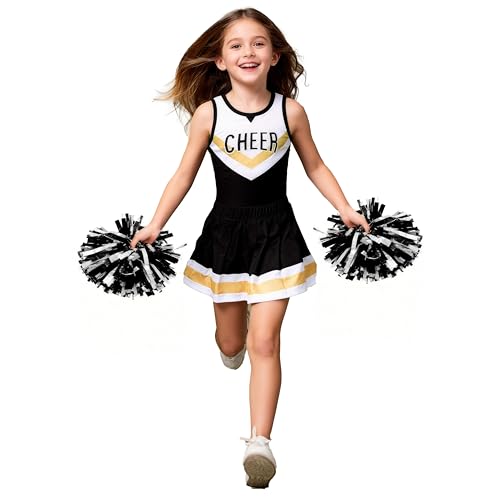 Girls Cheerleader Costume Set – Black & White Outfit with Pom Poms and Hair Bow for Halloween, Dress Up, and Cheerleading