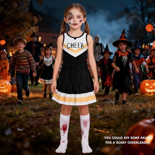 Girls Cheerleader Costume Set – Black & White Outfit with Pom Poms and Hair Bow for Halloween, Dress Up, and Cheerleading
