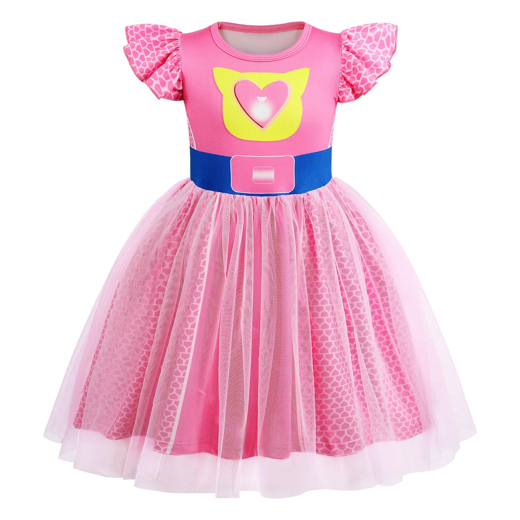 Girls Halloween Costume Dress – Tulle Mesh with Flutter Sleeves & Cat Pattern for Ages 3-10