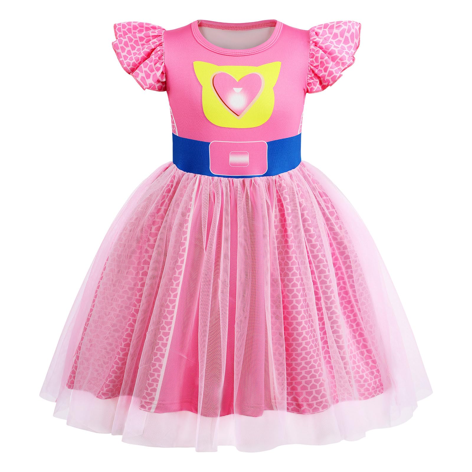 Girls Halloween Costume Dress – Tulle Mesh with Flutter Sleeves & Cat Pattern for Ages 3-10