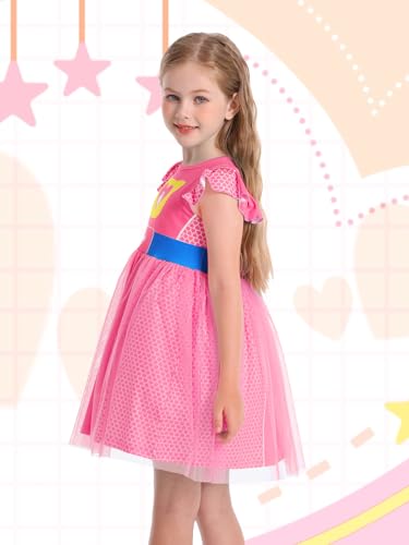 Girls Halloween Costume Dress – Tulle Mesh with Flutter Sleeves & Cat Pattern for Ages 3-10