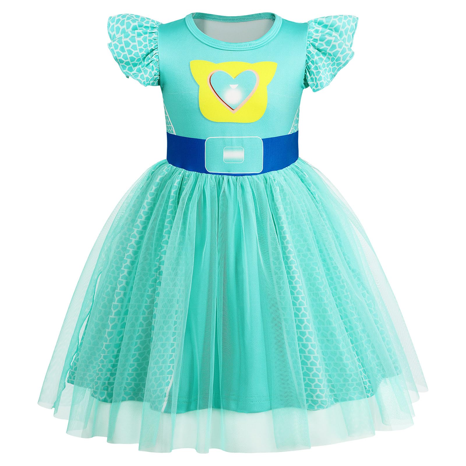 Girls Halloween Costume Dress with Tulle Mesh and Flutter Sleeve - Cat Pattern, Machine Washable, for Ages 3-10