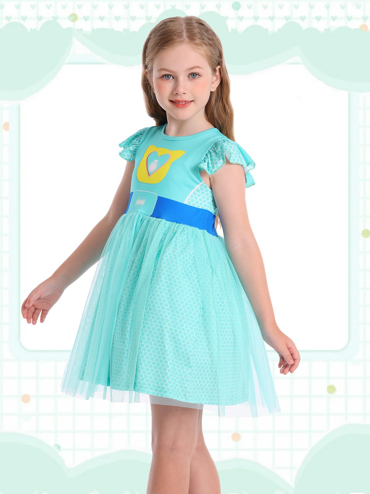 Girls Halloween Costume Dress with Tulle Mesh and Flutter Sleeve - Cat Pattern, Machine Washable, for Ages 3-10