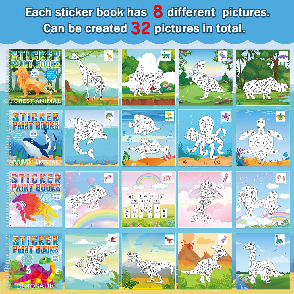 gisgfim 4 Pack Paint by Sticker Books – Dinosaur, Unicorn, Ocean & Forest Animals – 32 Pictures