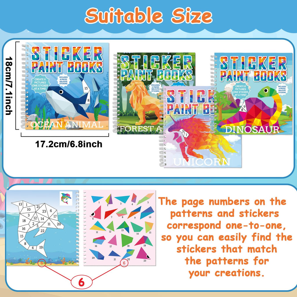 gisgfim 4 Pack Paint by Sticker Books – Dinosaur, Unicorn, Ocean & Forest Animals – 32 Pictures