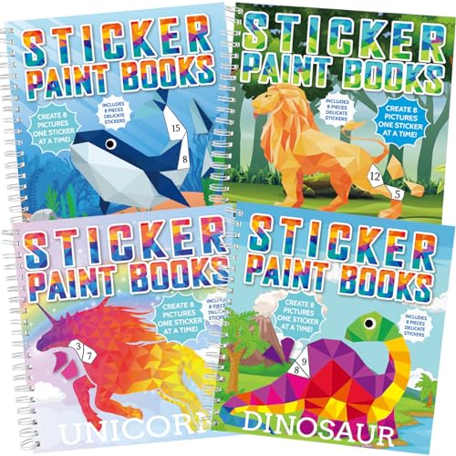 gisgfim 4 Pack Paint by Sticker Books – Dinosaur, Unicorn, Ocean & Forest Animals – 32 Pictures