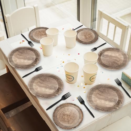 gisgfim 48-Piece Rustic Wooden Tree Party Plates Set for Lumberjack Camping Hunting Themes