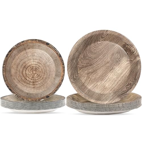 gisgfim 48-Piece Rustic Wooden Tree Party Plates Set for Lumberjack Camping Hunting Themes