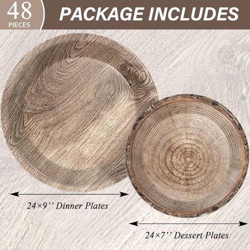 gisgfim 48-Piece Rustic Wooden Tree Party Plates Set for Lumberjack Camping Hunting Themes