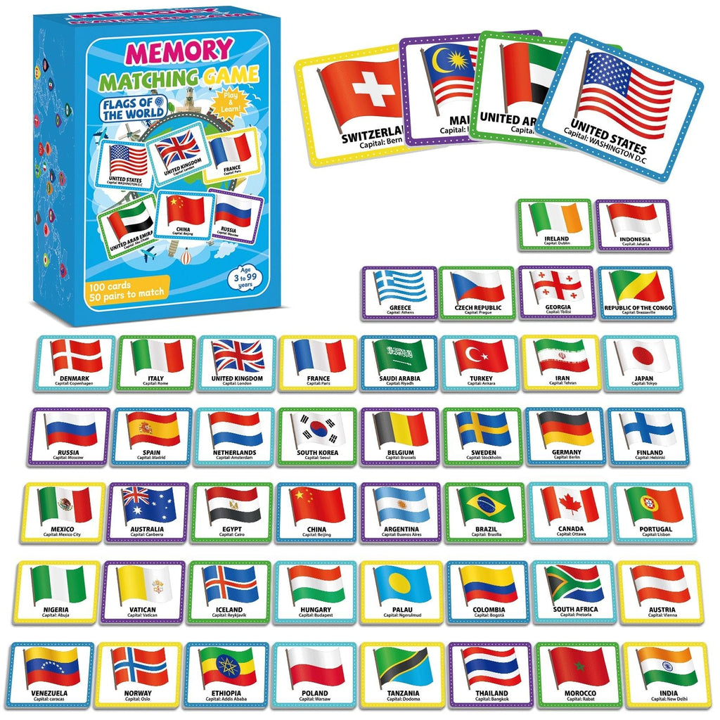 gisgfim Flags of the World Memory Game - 100 Cards (50 Pairs) for Kids & Adults - Educational Matching Fun with Storage Box