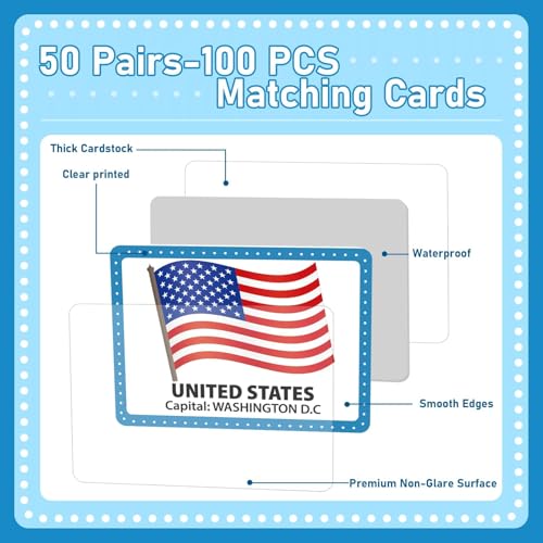 gisgfim Flags of the World Memory Game - 100 Cards (50 Pairs) for Kids & Adults - Educational Matching Fun with Storage Box
