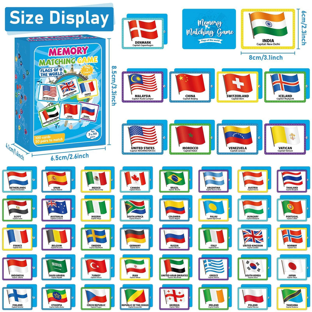 gisgfim Flags of the World Memory Game - 100 Cards (50 Pairs) for Kids & Adults - Educational Matching Fun with Storage Box