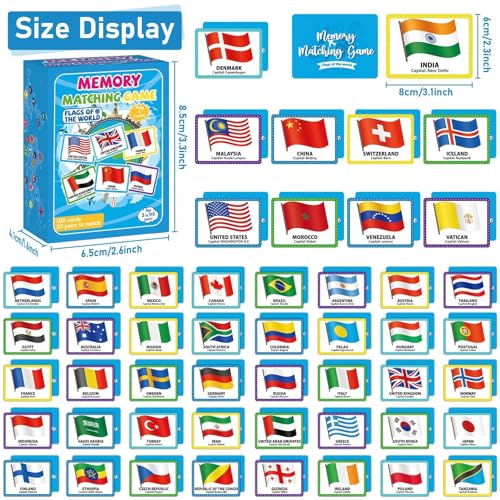 gisgfim Flags of the World Memory Game - 100 Cards (50 Pairs) for Kids & Adults - Educational Matching Fun with Storage Box