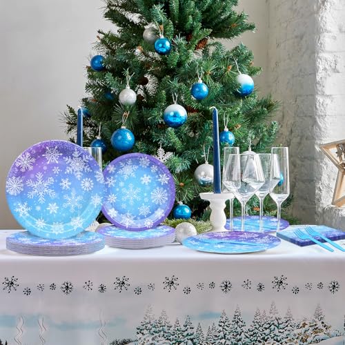 Gistome 96-Piece Snowflake Winter Party Supplies Set - Blue White Disposable Tableware for 24 Guests