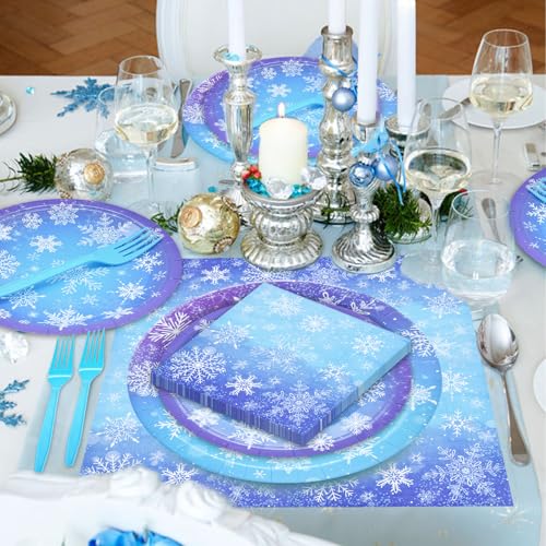 Gistome 96-Piece Snowflake Winter Party Supplies Set - Blue White Disposable Tableware for 24 Guests