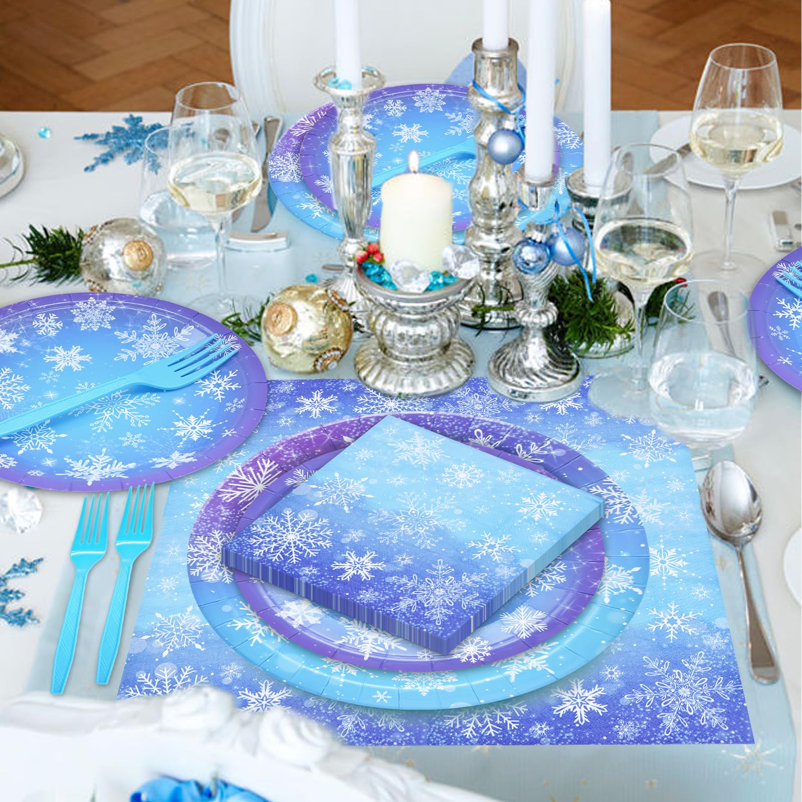 Gistome 96-Piece Snowflake Winter Party Supplies Set - Blue White Disposable Tableware for 24 Guests