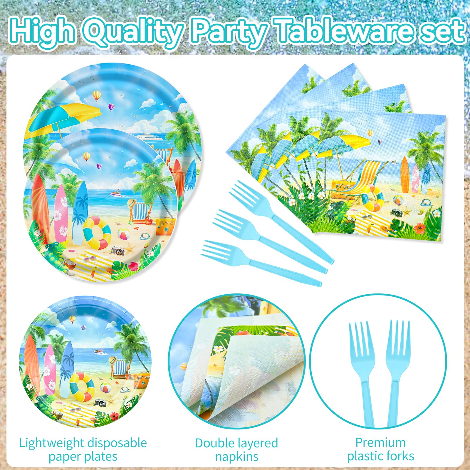 Gistome 96-Piece Summer Beach Tableware Set - Tropical Disposable Dinnerware for 24 Guests - Includes 7" & 9" Plates, Napkins, Forks