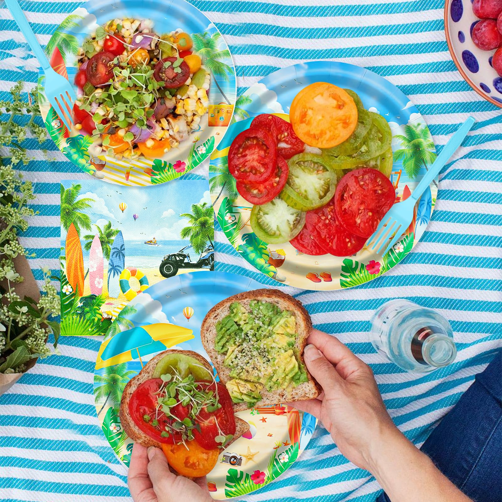 Gistome 96-Piece Summer Beach Tableware Set - Tropical Disposable Dinnerware for 24 Guests - Includes 7" & 9" Plates, Napkins, Forks